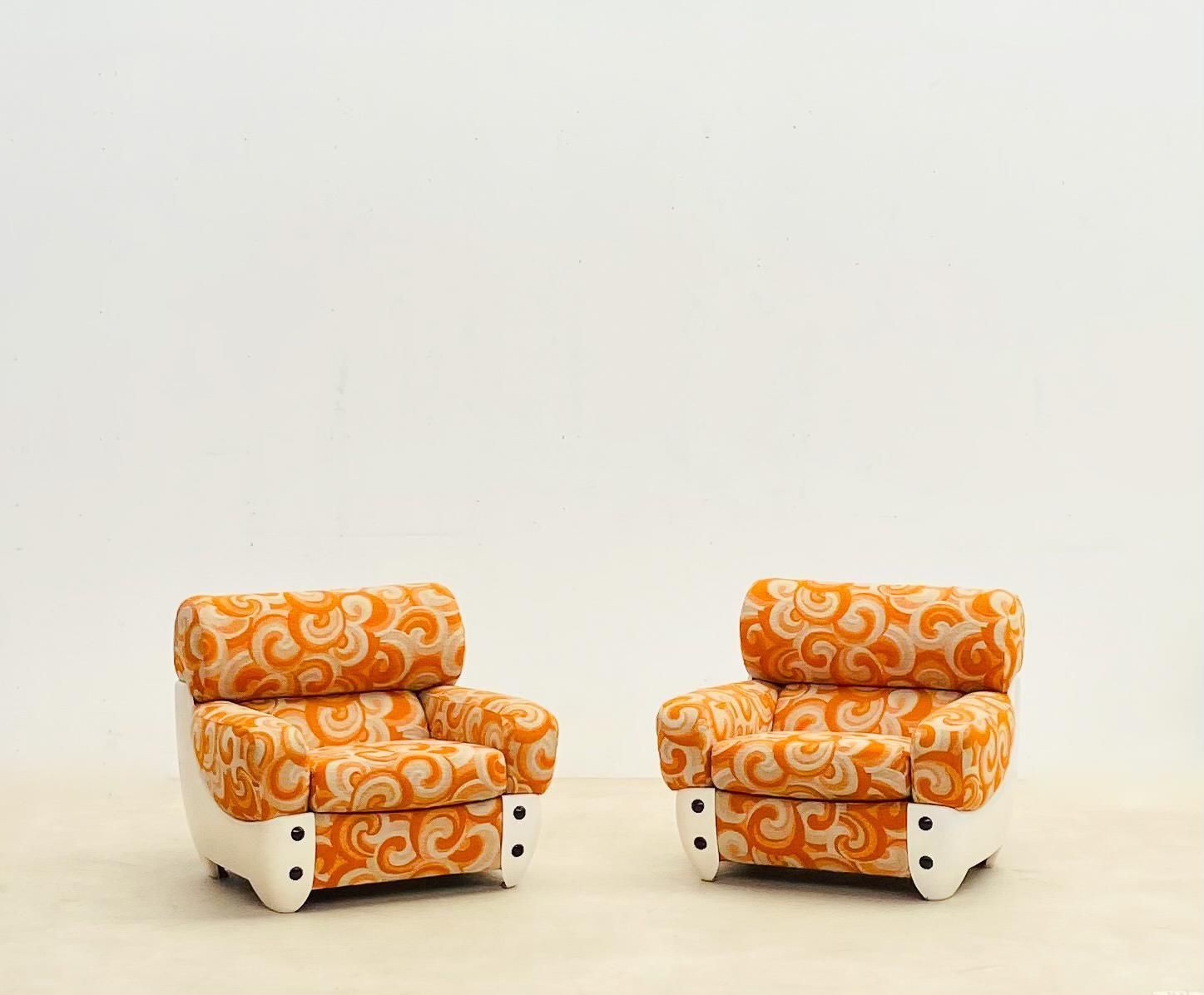 photo for sale Mid Century Modern Pair Of Orange Armchairs, Italy, 1970s   Original Upholstery