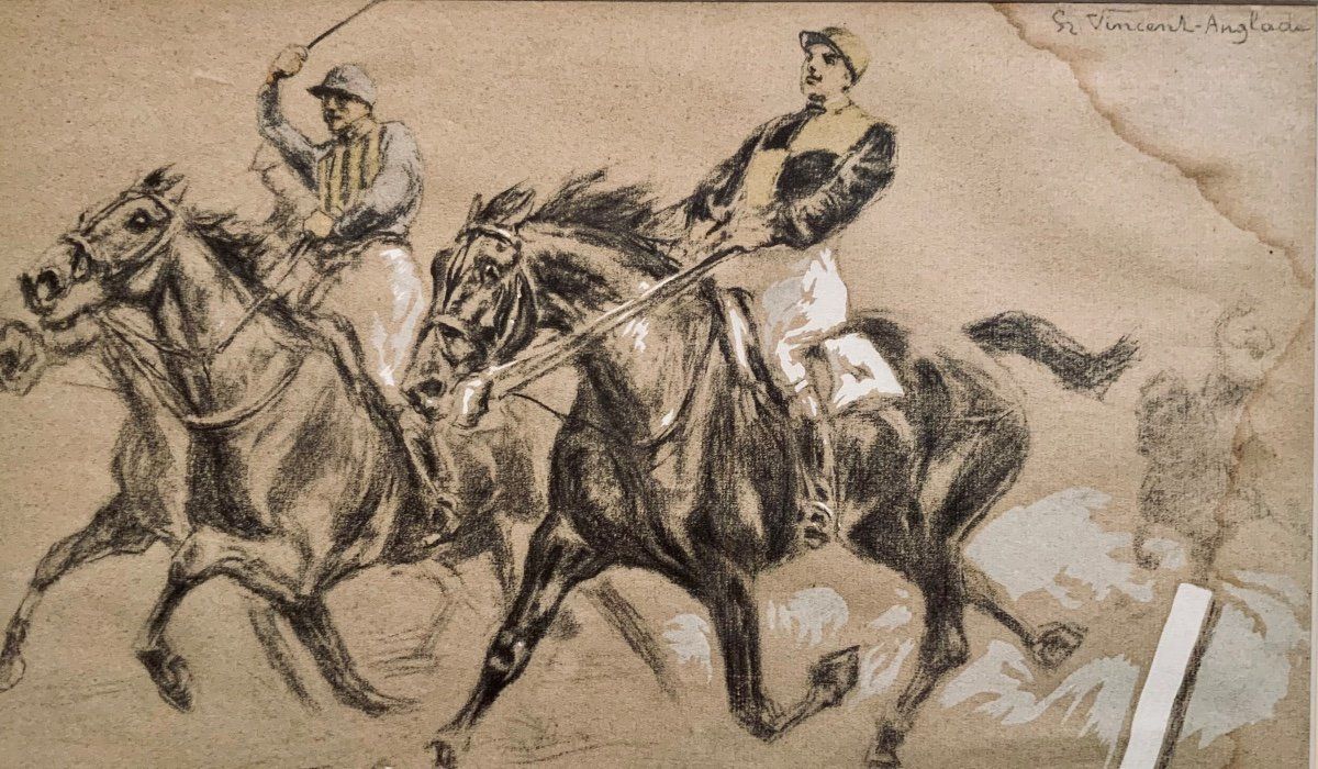 Vincent Anglade, Pair Of Framed Color Lithographs "Horse Races photo for sale