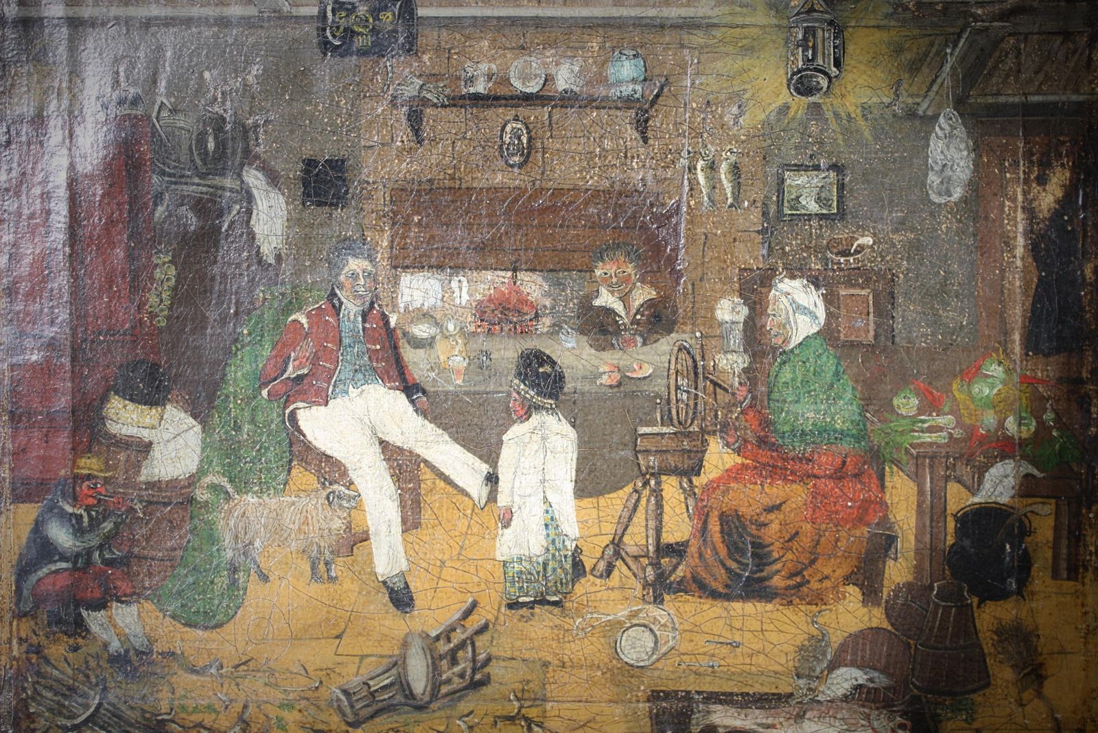 Early 19th Primitive Naive Interior Scene Folk Art Military Wooden Leg Curio photo Art