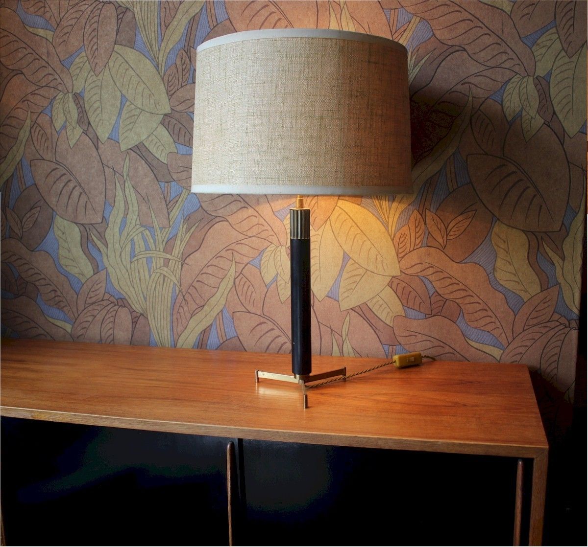 1950's Table Lamp On Tripod Brass Base.