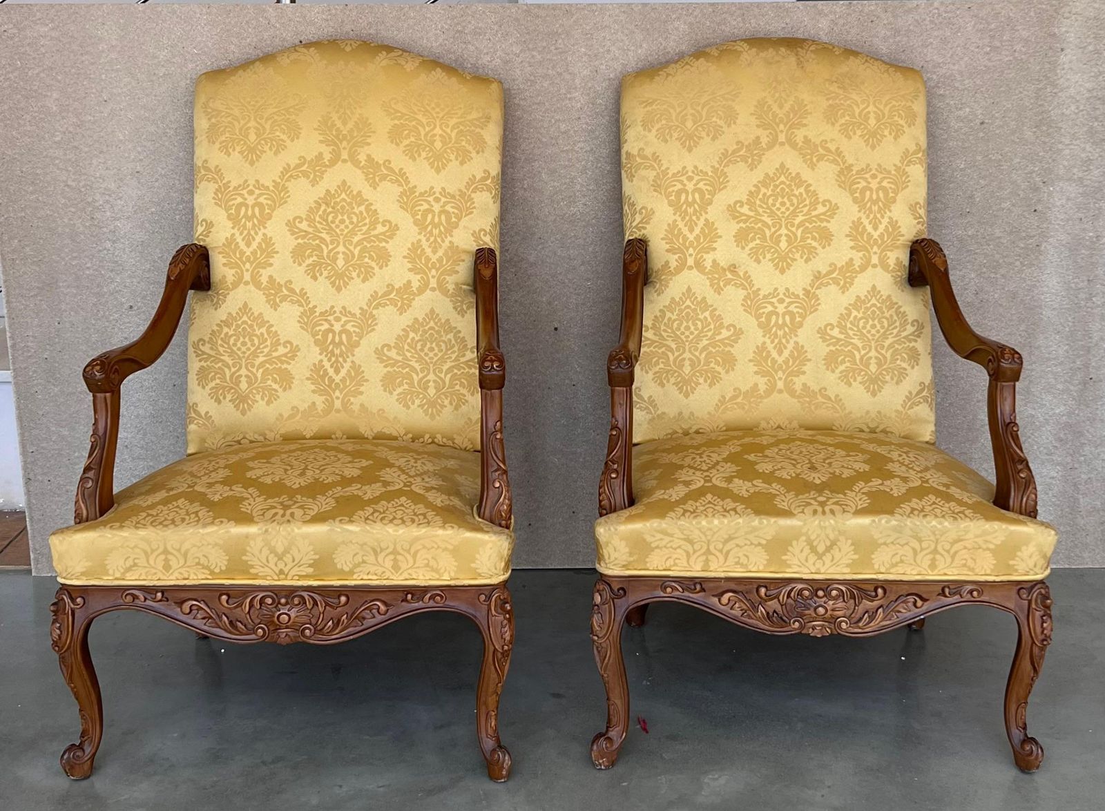 Louis XVI Style Spanish Pair Of High Back Carved Walnut Armchairs, 1900s photo for sale