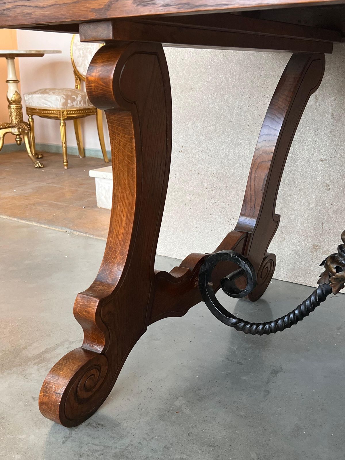 photo buy 20th Century Spanish Oak Lyre Legs Trestle Dining Farm Table