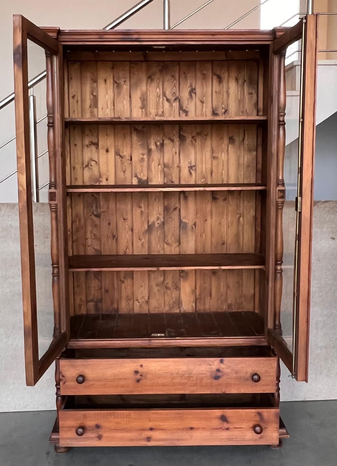 20th Century Large Cupboard Or Bookcase With Glass Vitrine, Pine, Spain Restored photo 6600.0