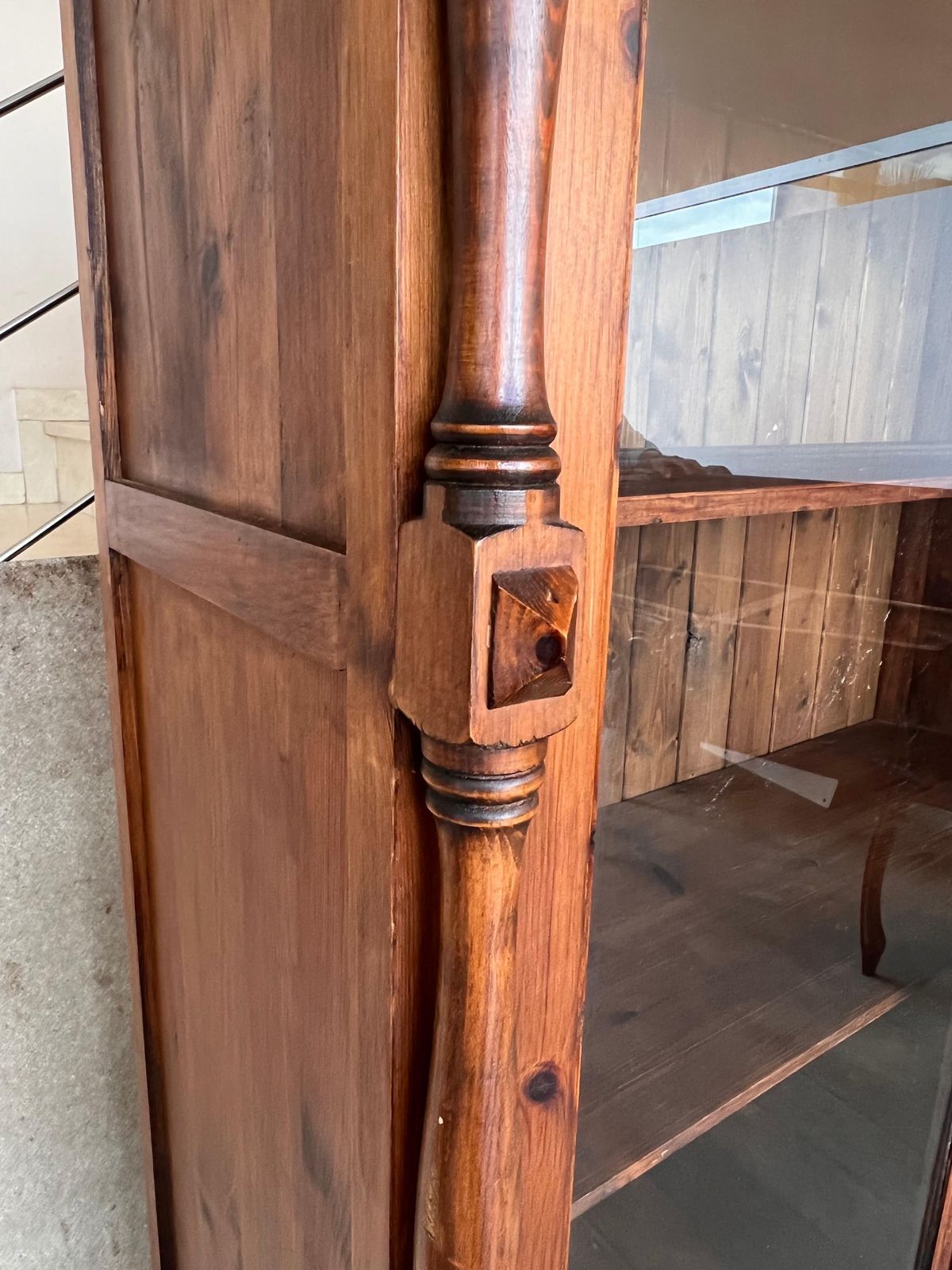 20th Century Large Cupboard Or Bookcase With Glass Vitrine, Pine, Spain Restored photo vinterior