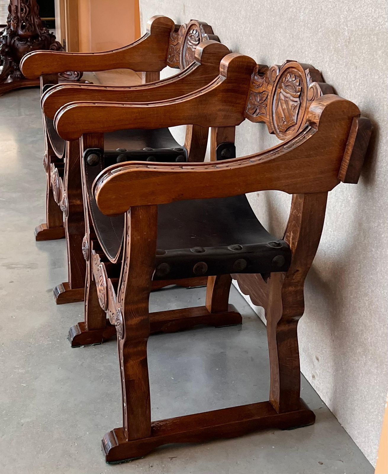 19th Pair Of Carved Walnut Leather Savonarola Bench Or Settee photo 4113.0