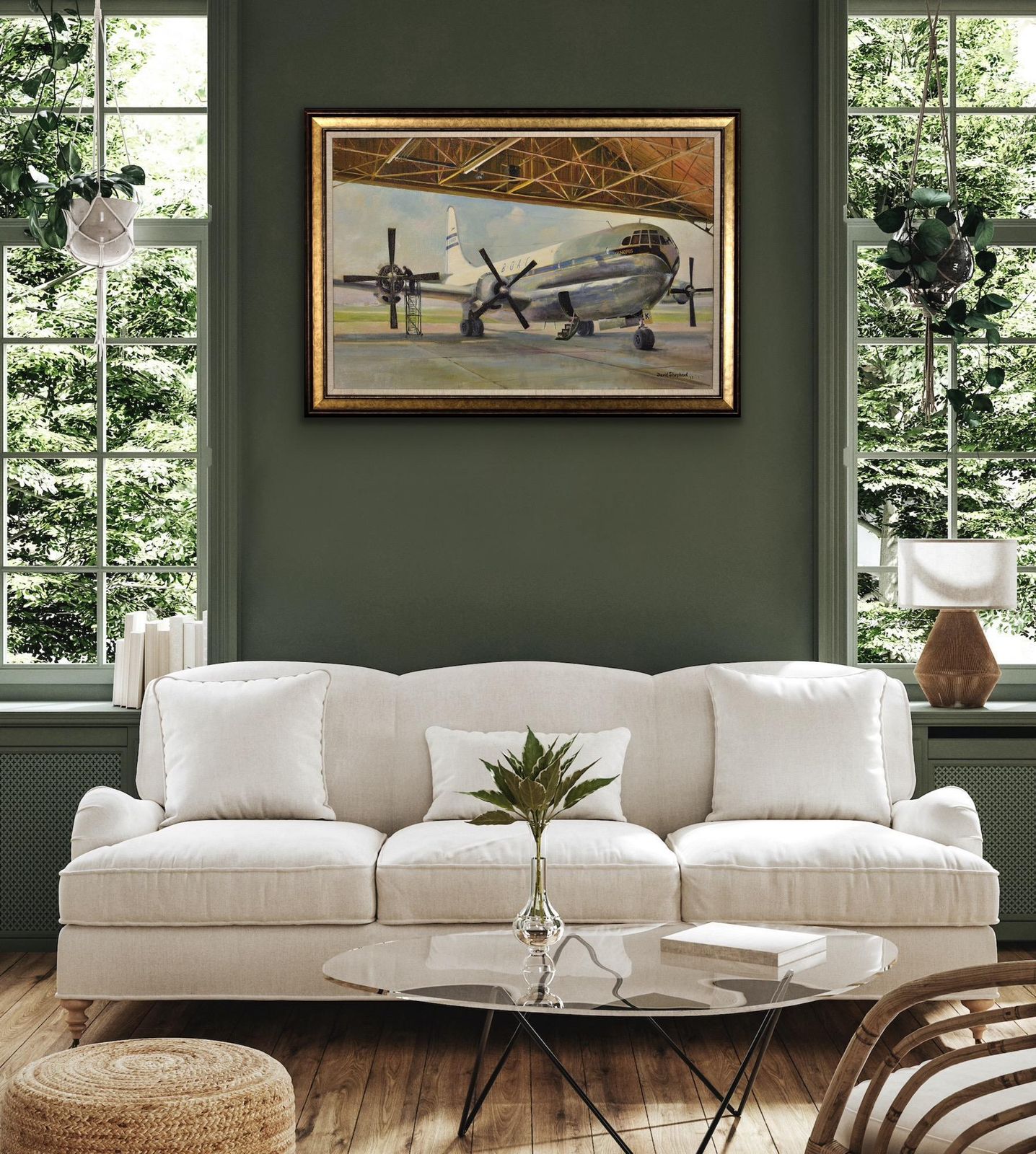 David Shepherd 1931 To  2017. Giant Refreshed. Boac Boeing 377 Stratocruiser. Framed 1950s Aviation Oil Painting. British Airline. American Aircraft. photo vintage