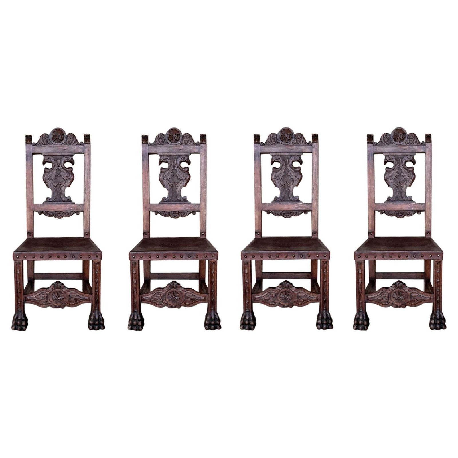 19th Century Set Of Four French Carved Walnut Turned Wood Chairs With Claw Feet