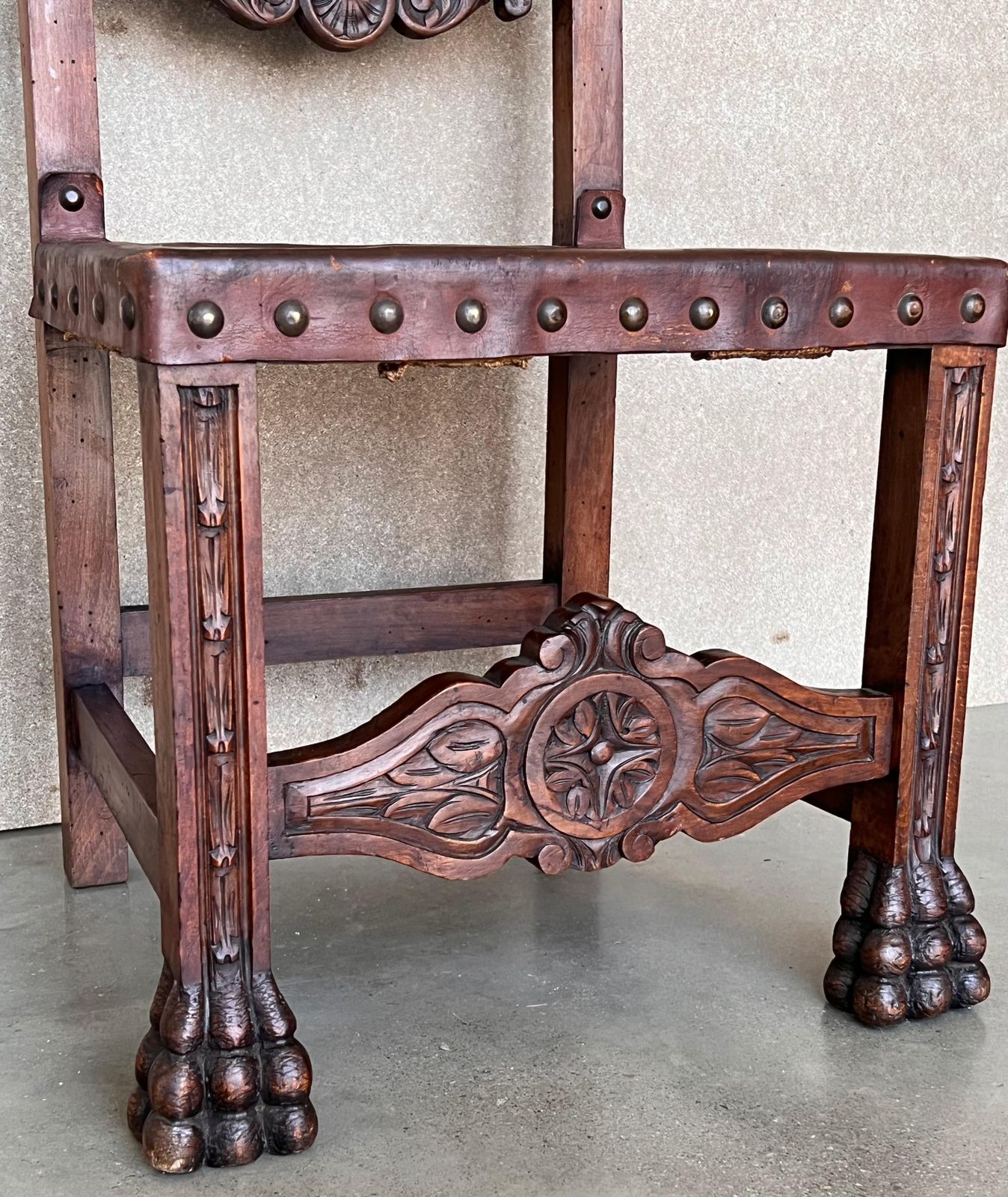 photo for sale 19th Century Set Of Four French Carved Walnut Turned Wood Chairs With Claw Feet