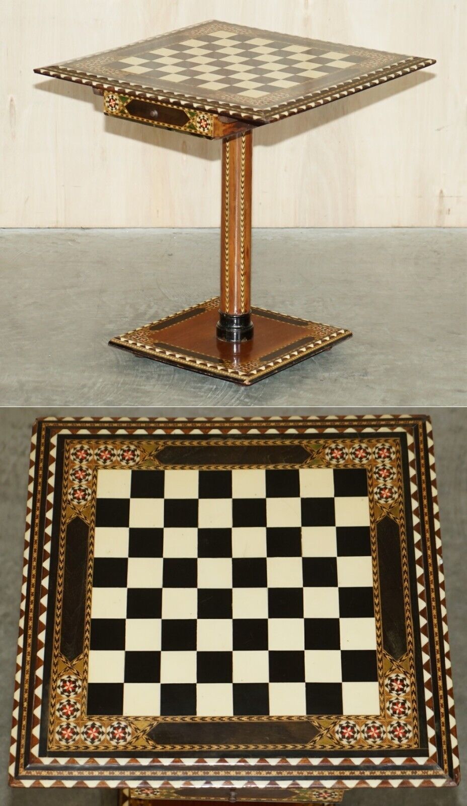 Stunning Antique Anglo Indian Circa 1920 Chess Board Games Table Twin Drawers
