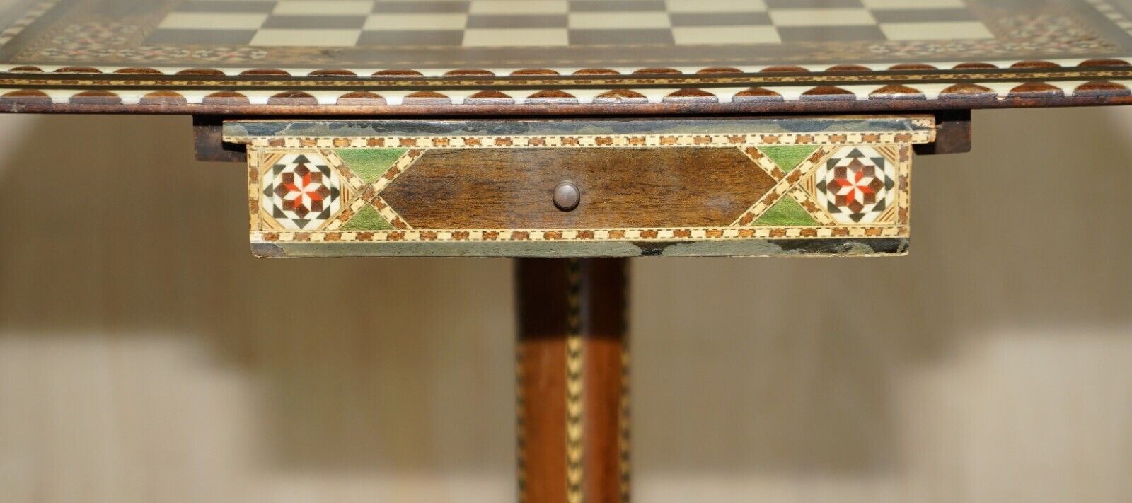 Stunning Antique Anglo Indian Circa 1920 Chess Board Games Table Twin Drawers photo vinterior