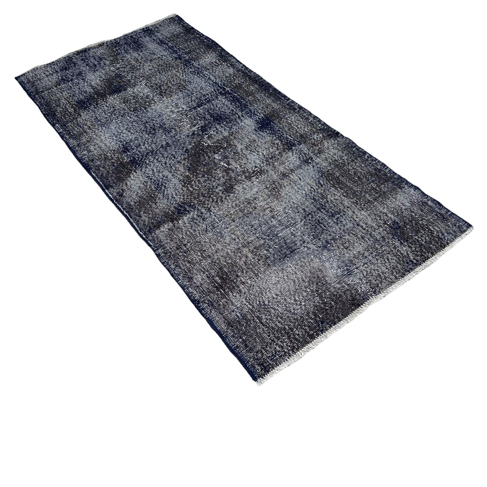 photo furniture Distressed Turkish Narrow Runner 205 X 96 Cm Wool Vintage Rug, Over Dyed Blue Black