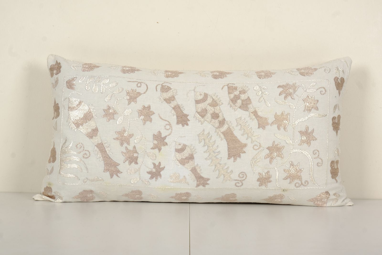 Suzani Animal Pillow Cover, Ethnic Uzbek Fish And Floral Motifs Bedding Cushion Cover, Handmade Embroidered Textile From Bukhara  16" X 32"