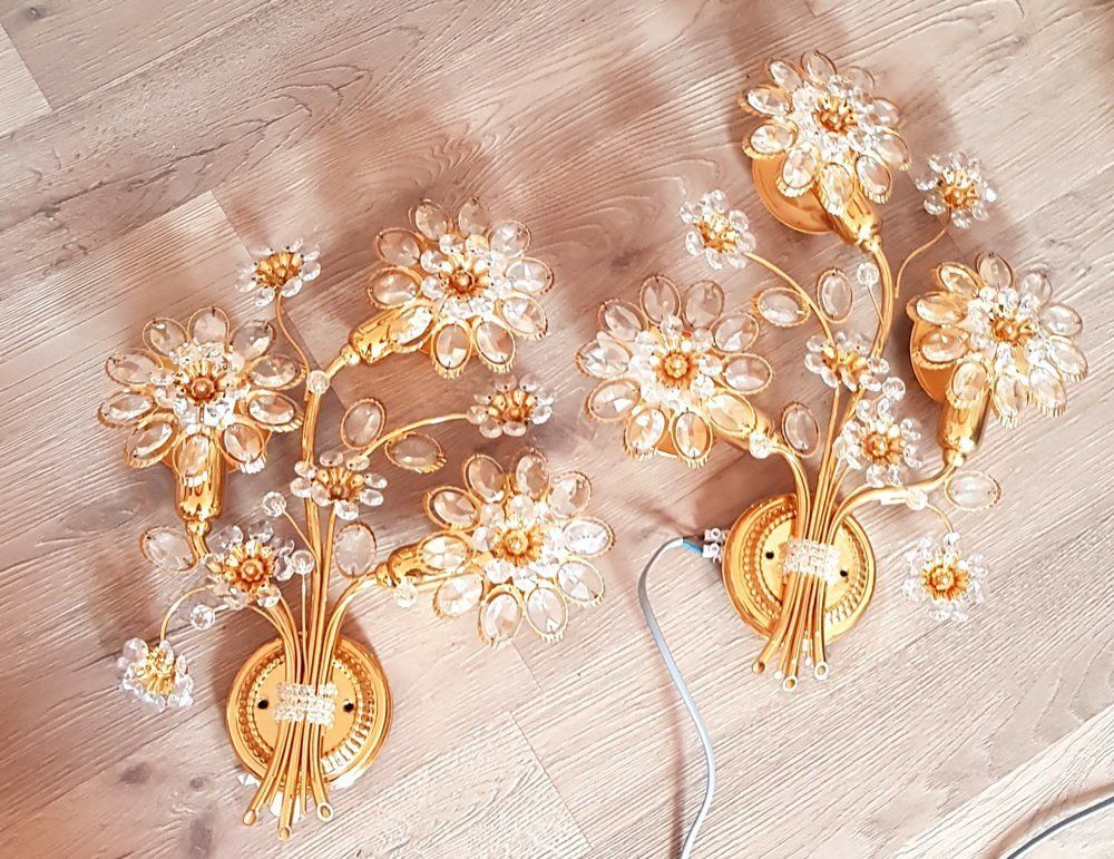 Gilded Crystal Flower Wall Lamp From Palwa, 1970s, Set Of 2 photo Lighting
