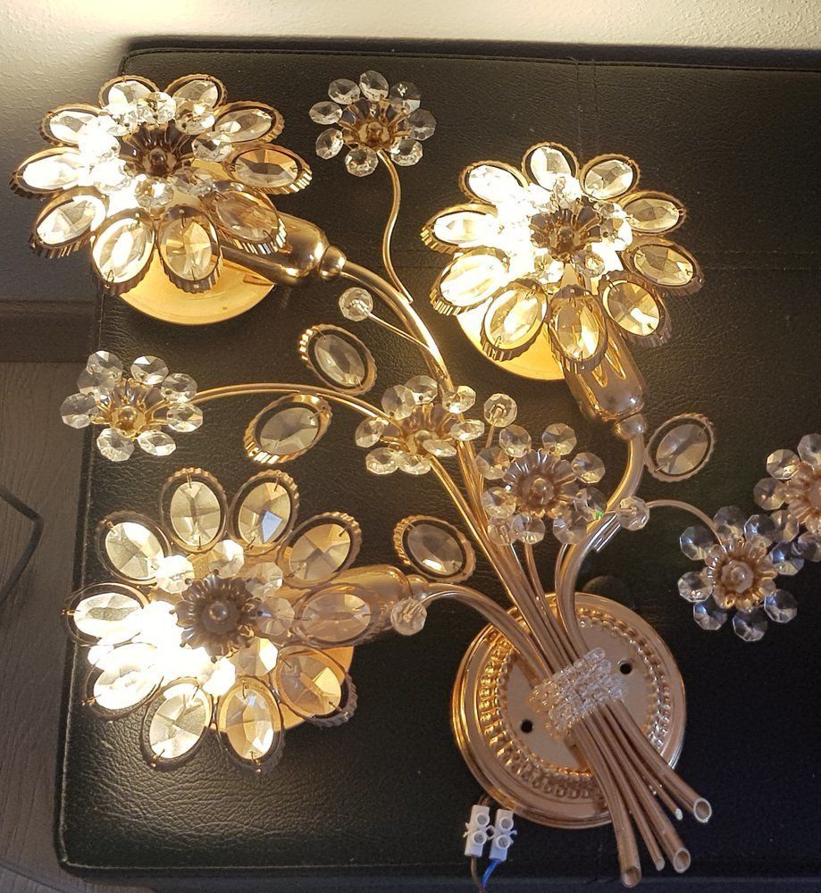 Gilded Crystal Flower Wall Lamp From Palwa, 1970s, Set Of 2 photo 1305.2