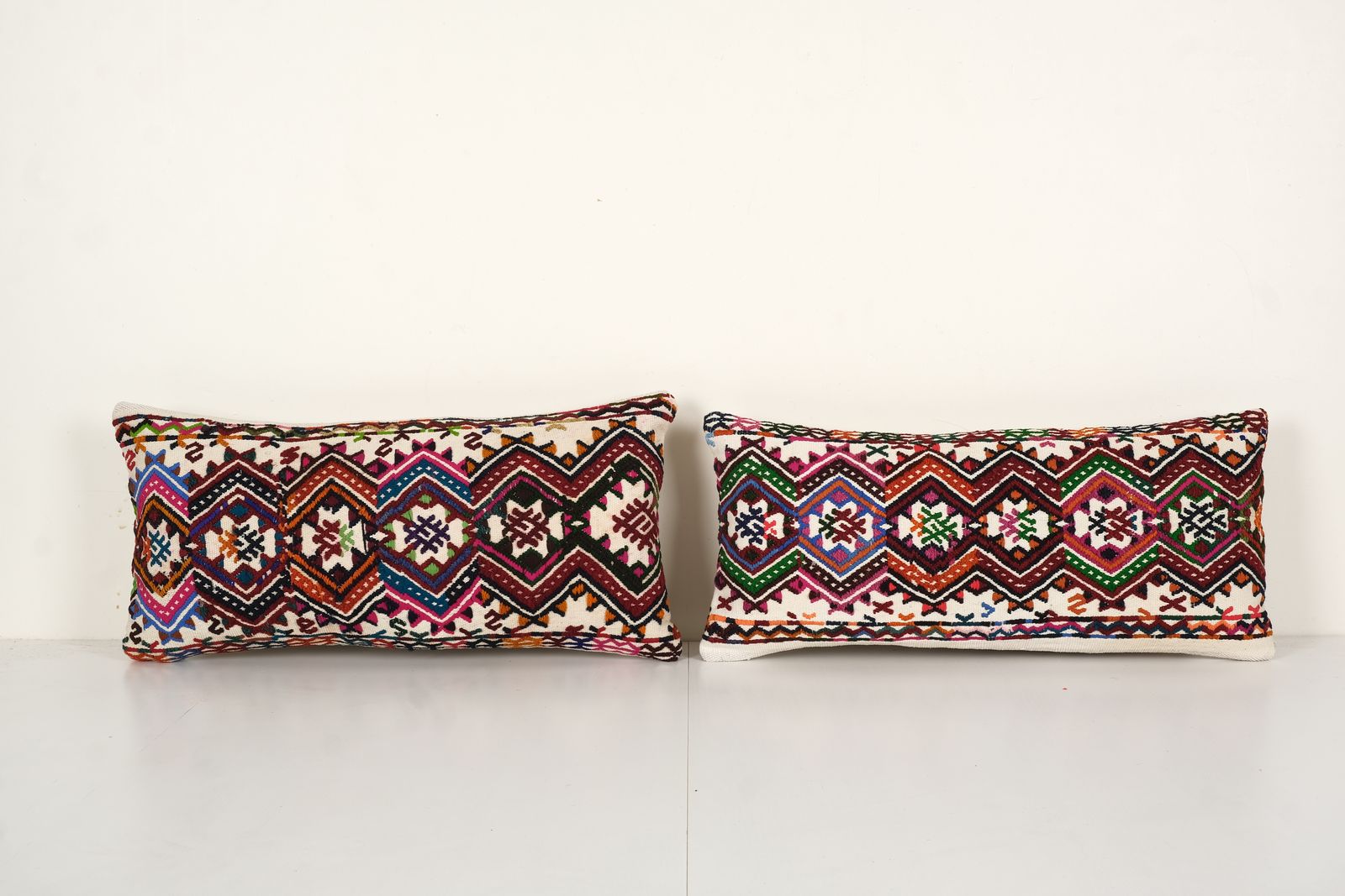 Vintage Emboridery Kilim Pillowcase Pillow, Pair Organic Striped Lumbar Kilim Pillow 12" X 24"