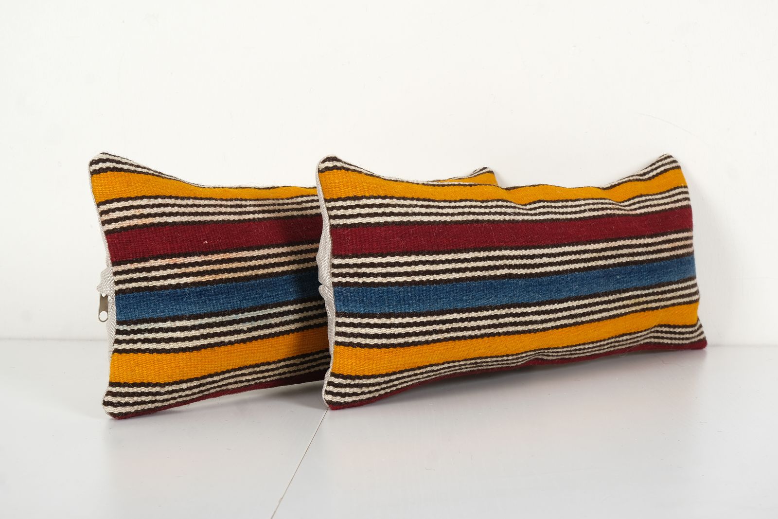 Set Of Two Striped Turkish Kilim Pillow, Pair Yellow Handwoven Kilim Pillow, Matching Designer Couch Cushion Cover 8'' X 20'' photo furniture