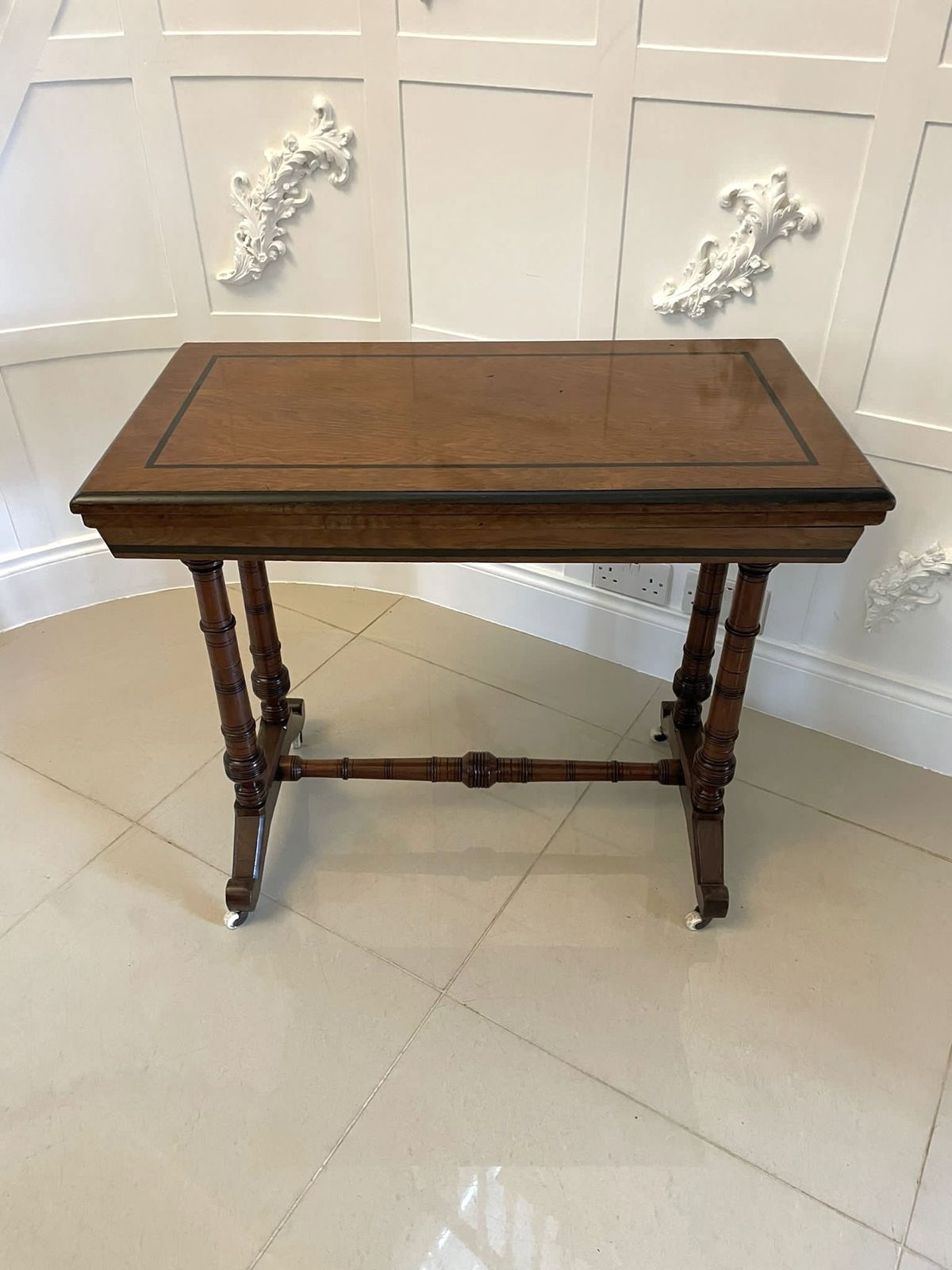 photo for sale Antique Quality Oak And Ebony Fold Over Card Table