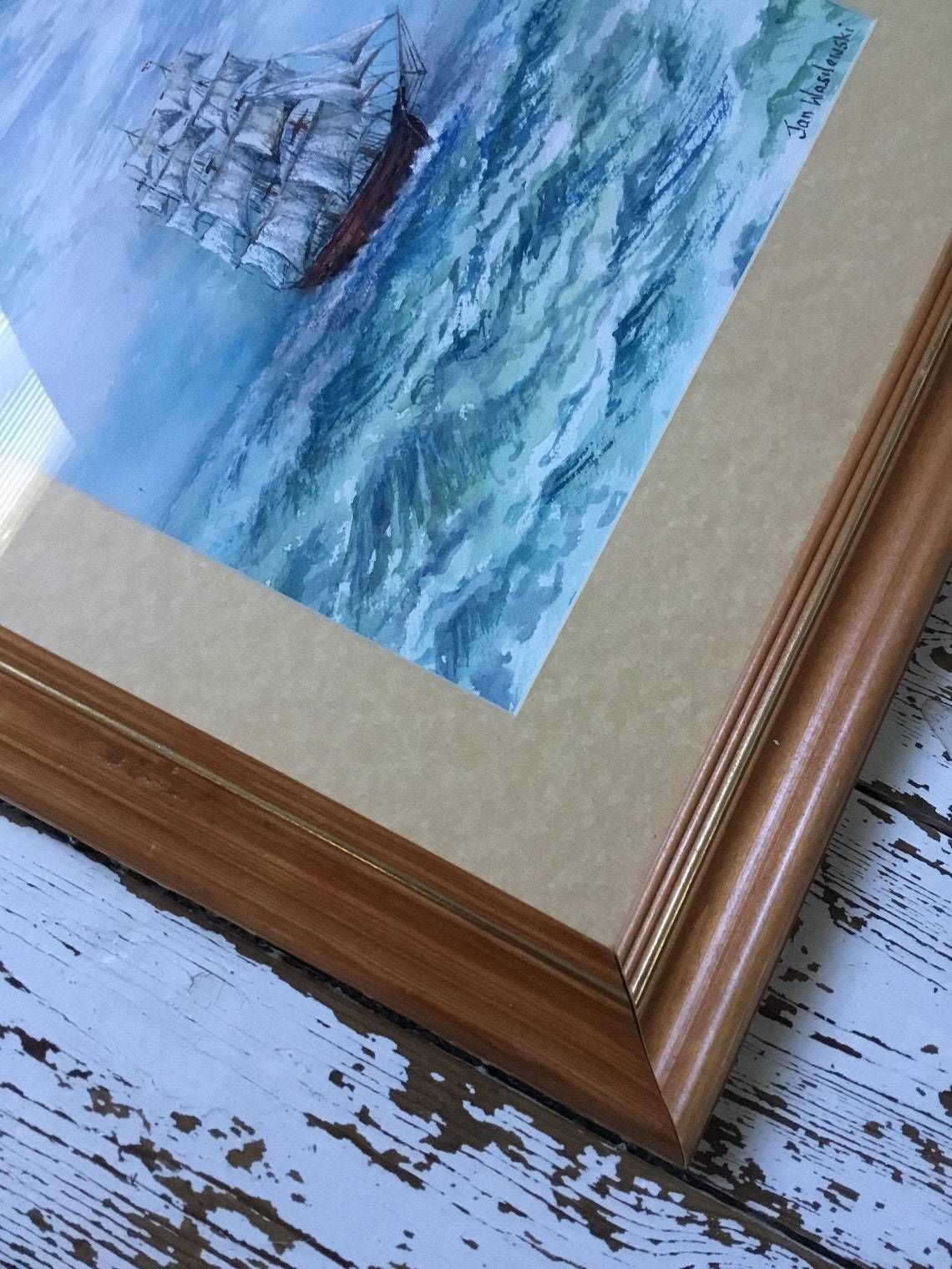 Jan Wasilewski   Polish Artist Watercolour Painting Absolutely Fine Example   Sailing Clipper Ship Cutter Boat Large Pine Gold Frame (Hh) photo Art