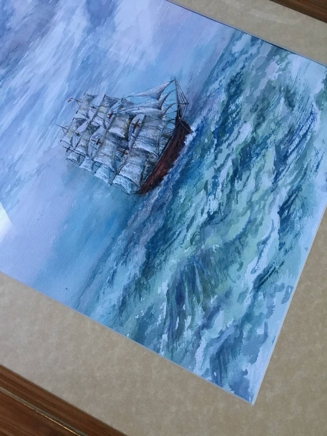 Jan Wasilewski   Polish Artist Watercolour Painting Absolutely Fine Example   Sailing Clipper Ship Cutter Boat Large Pine Gold Frame (Hh) photo vinterior