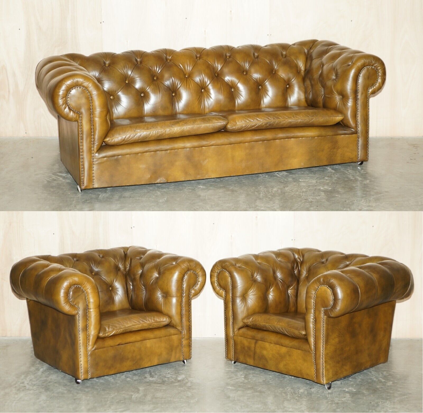 Vintage Chesterfield Club 3 Piece Sofa & Pair Of Armchairs Suite Green Leather