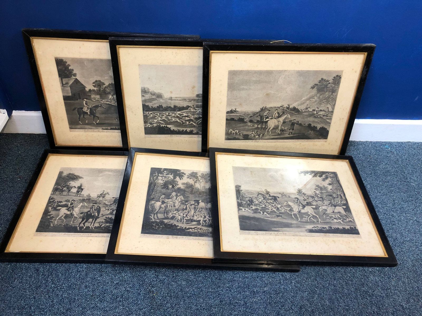 Antique Georgian Mezzotint Set Of 6 Hunting Prints Seymour Burford 1787 Rob Sayer In Black And Gold Frames Stunning