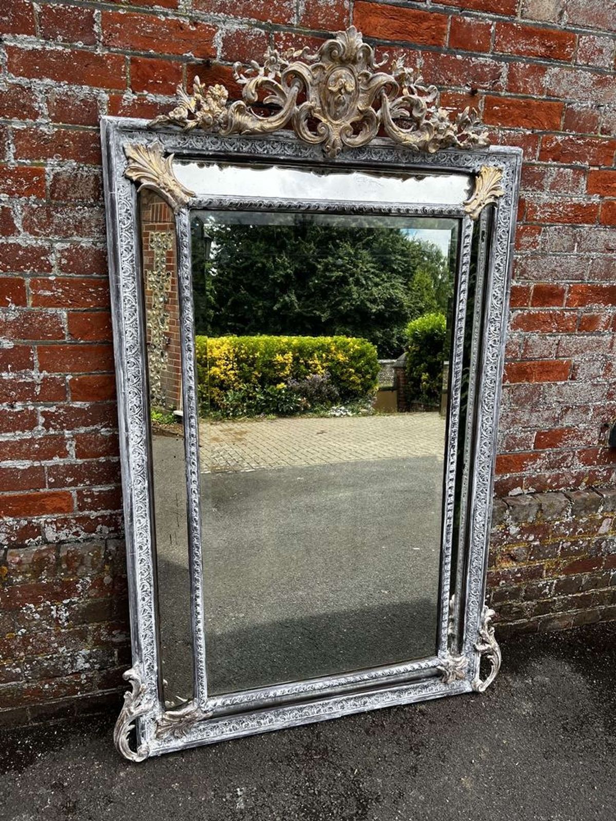 An Exceptional Large Antique French 19th C Paint & Gilt Cushion Mirror
