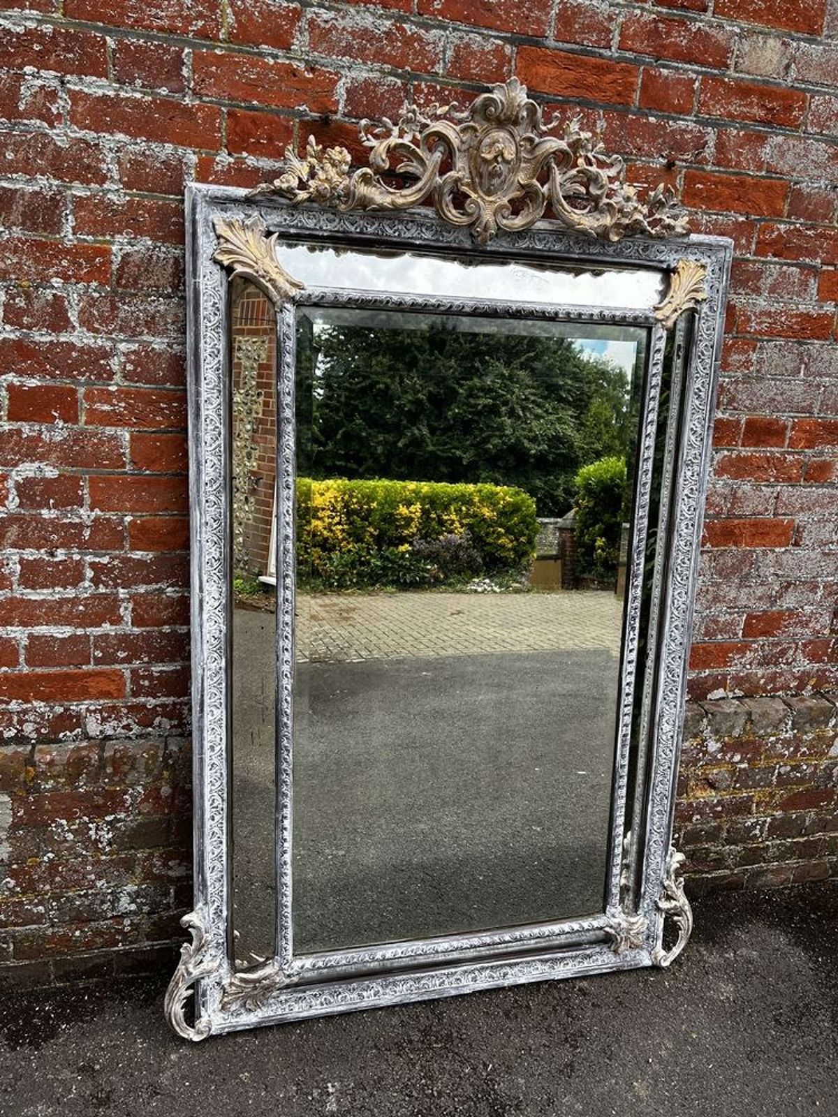 An Exceptional Large Antique French 19th C Paint & Gilt Cushion Mirror photo vintage