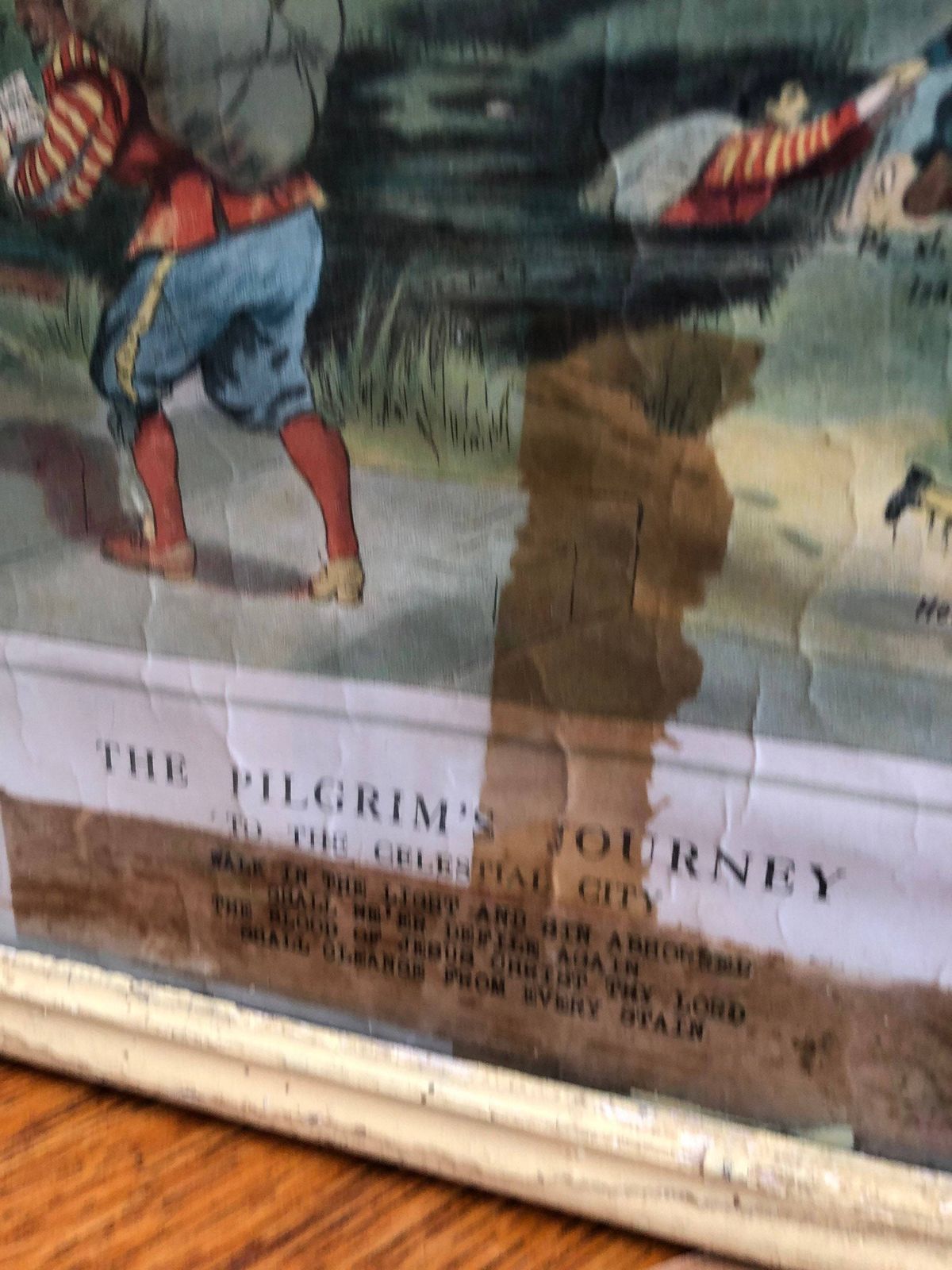 Antique Lithograph Print The Pilgrims Journey To The Celestial City Church Chapel Baptist Guide Colour Vintage Coloured Teaching Aid photo for sale