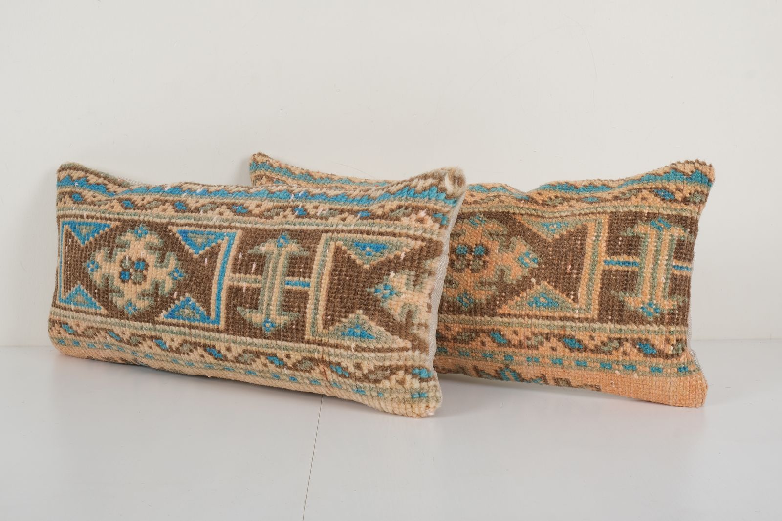 Set Anatolian Lumbar Rug Pillow, Ethnic Pillow Cover, Ethnic Vintage Handmade Lumbar Cover, Carpet Soft Wool Pillow 10'' X 22'' photo Textiles