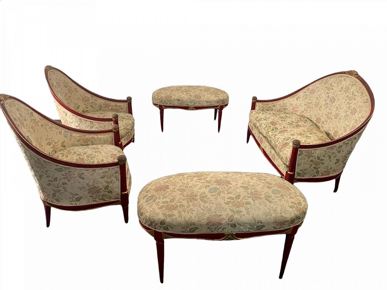 Living Room Of A Sofa, 2 Armchairs And 2 Poufs In Wood Jacuard Fabric, 1930s