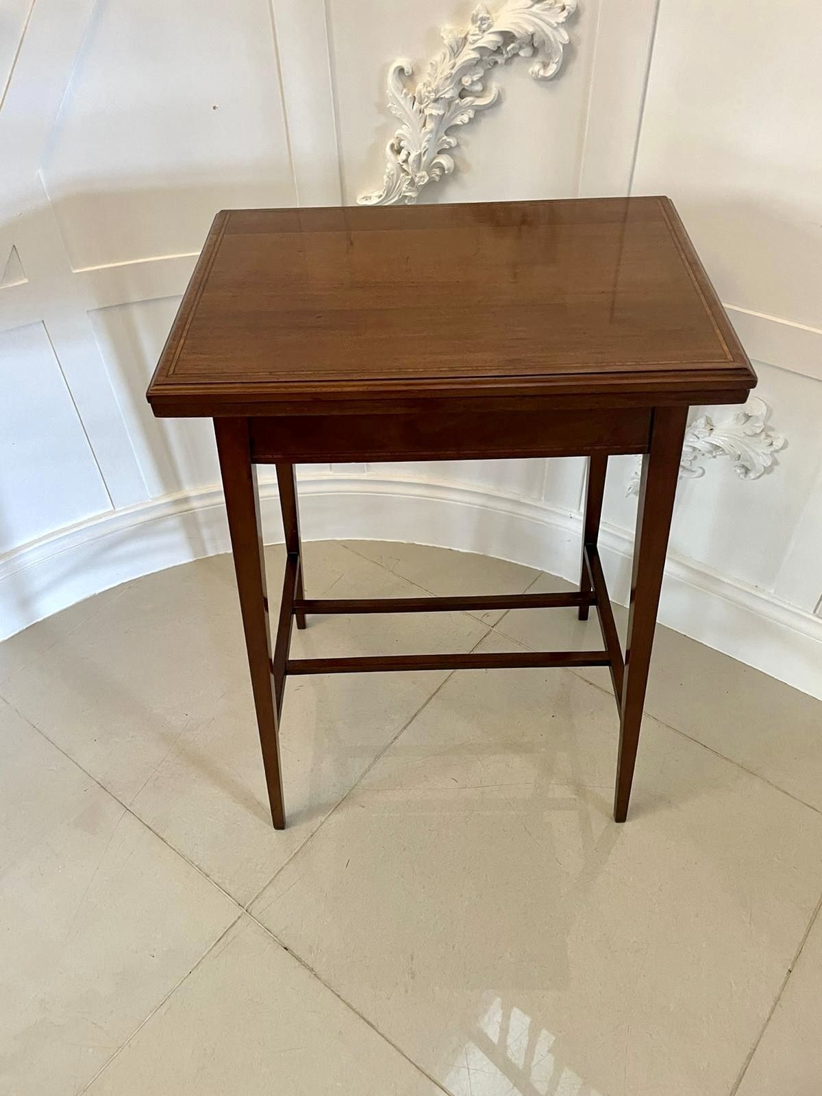 Antique Quality Mahogany Inlaid Fold Over Card Table photo vintage