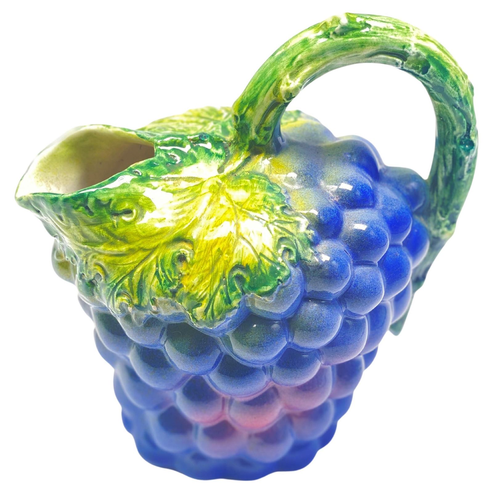 French Majolica Barbotine Grapes Pitchers, Purple And Green Color, 20 Century