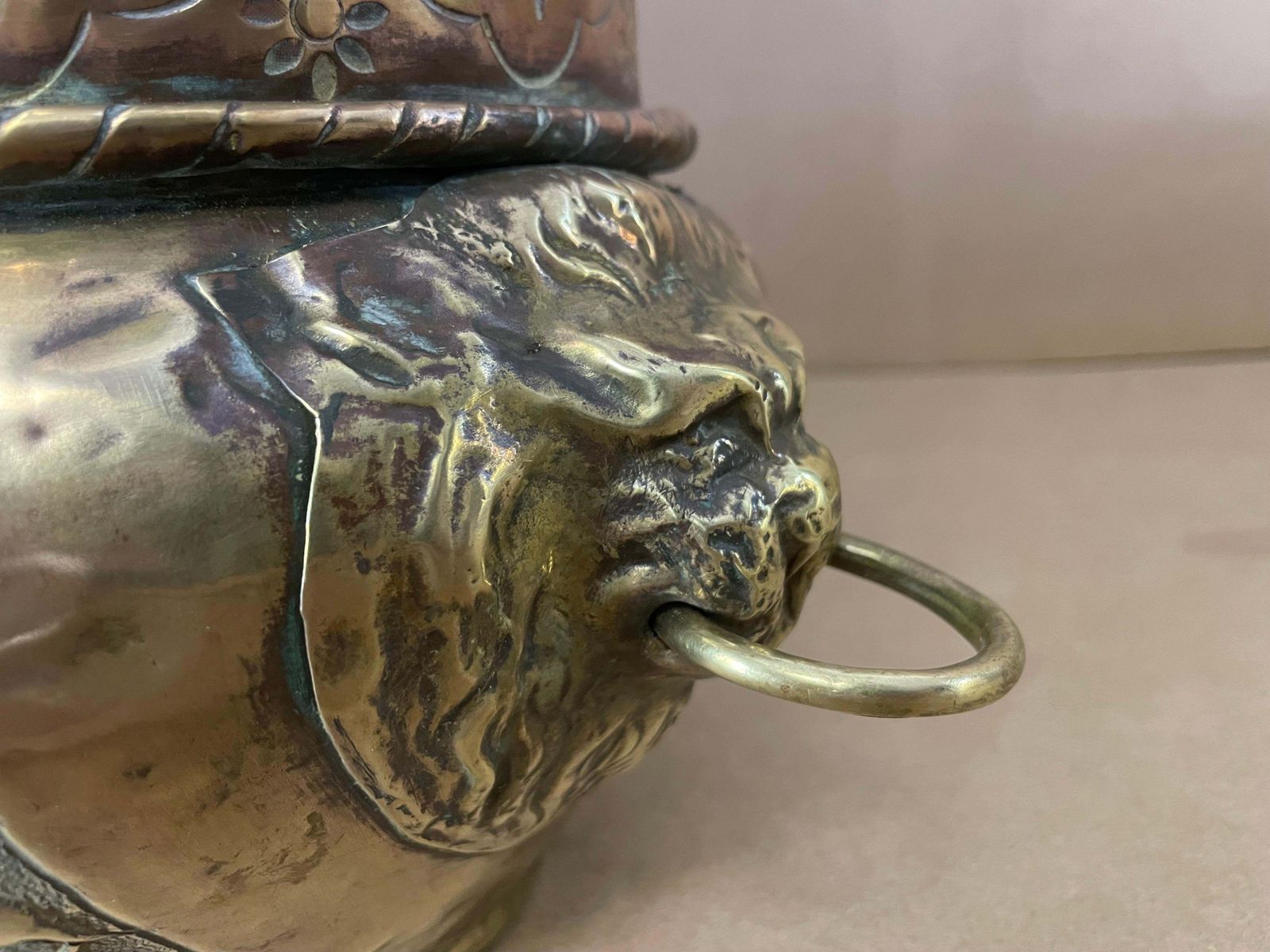 French 19th Century Baroque Brass Lion Head Jardinière, Polished, Gold Color photo buy