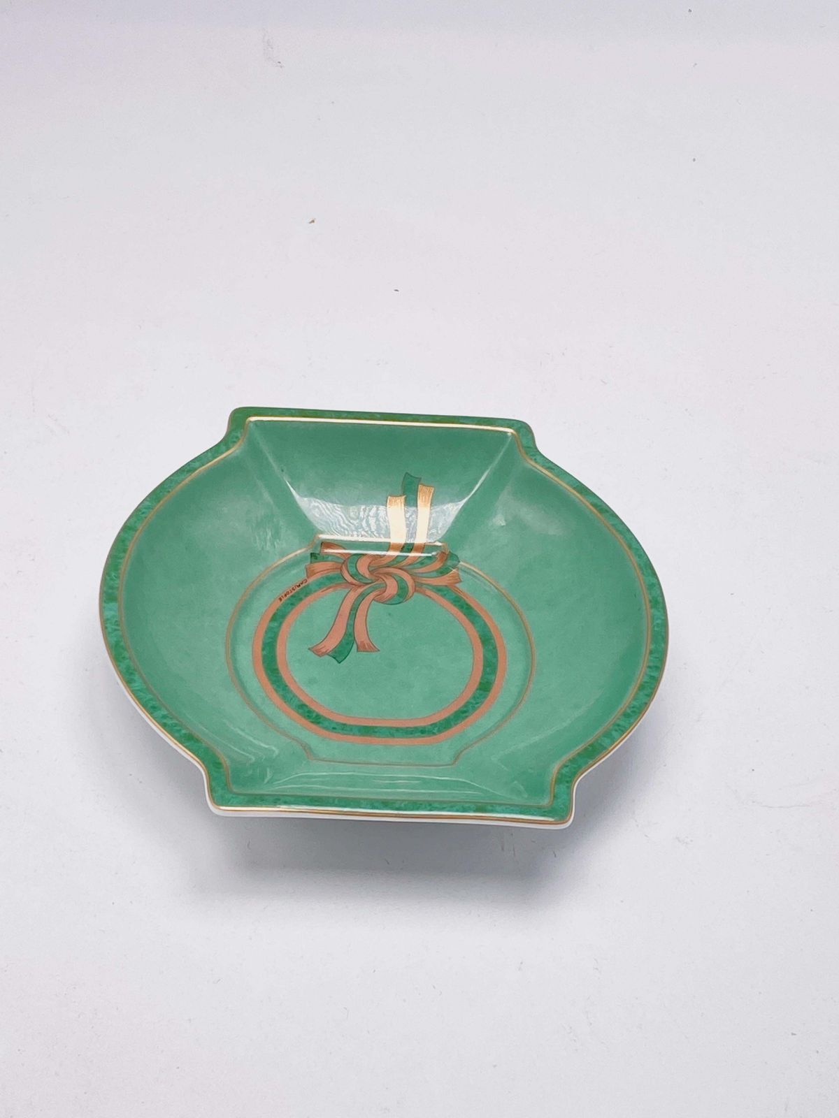 Rare Christofle Ashtray, In Porcelain, Green Hand Painted, France 1970, Signed photo furniture