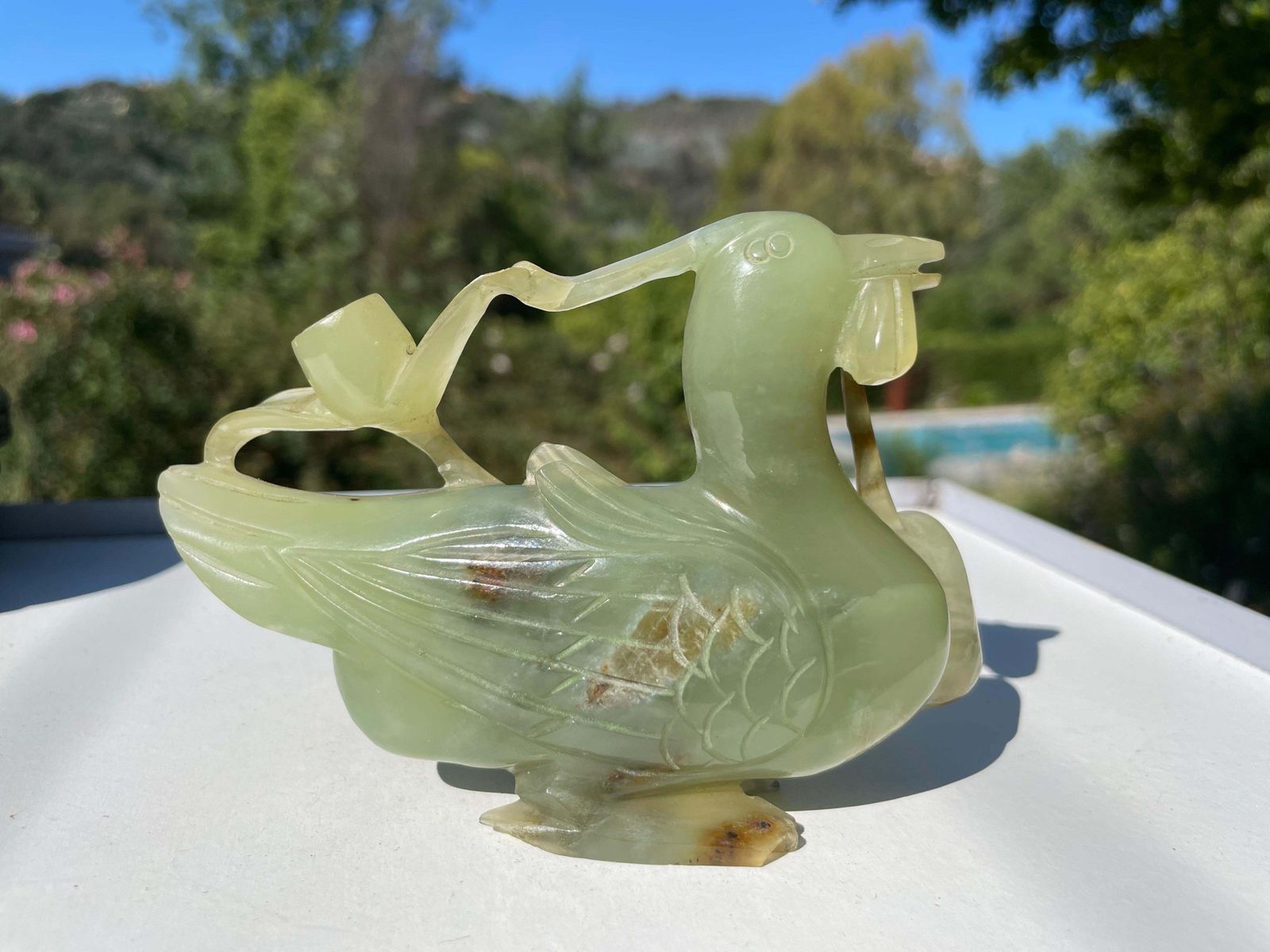 Antique Carved Figure, An Oriental, Jade Study Of Bird Of Para, China 20th photo for sale