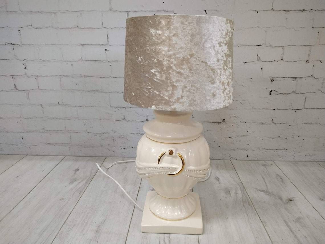 Vintage Table Lamp Light Cream Diamante Gold Art Deco Ceramic Base Shade Bling
