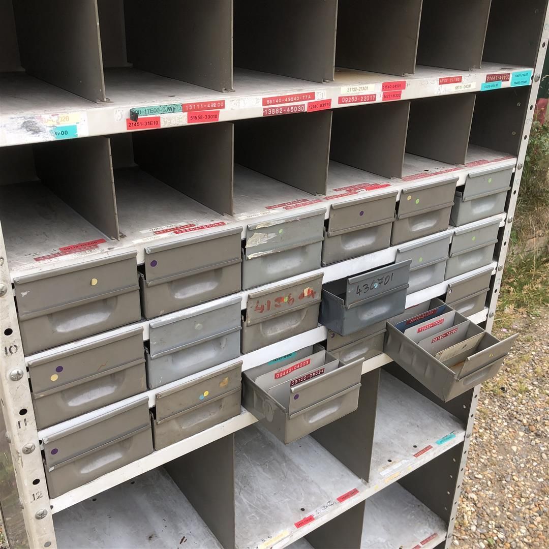 photo for sale Industrial Metal Pigeon Holes With Multi Drawer Section 1970's