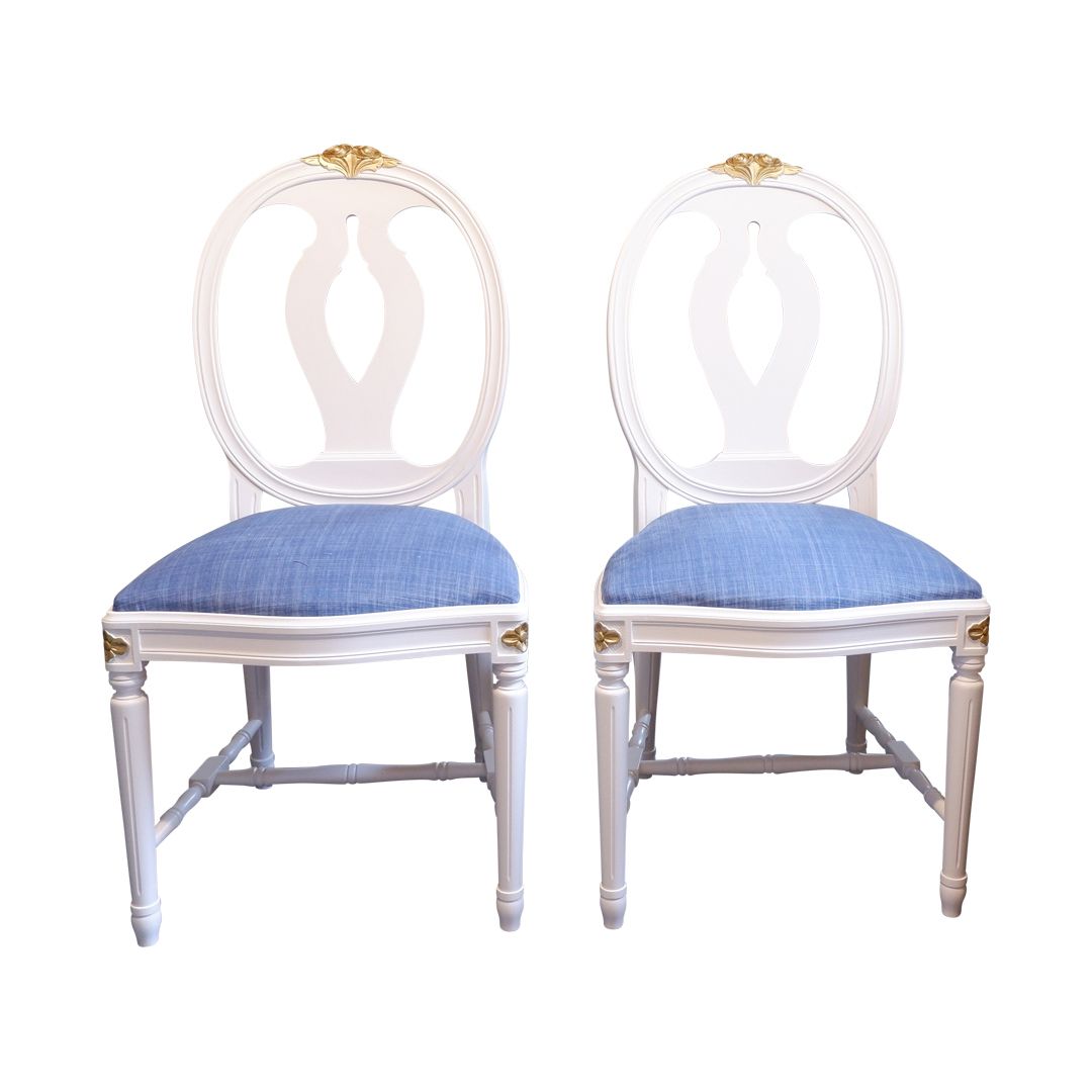 Pair Of Gustavian Rose Carved Chairs With Gold Carved Detailing