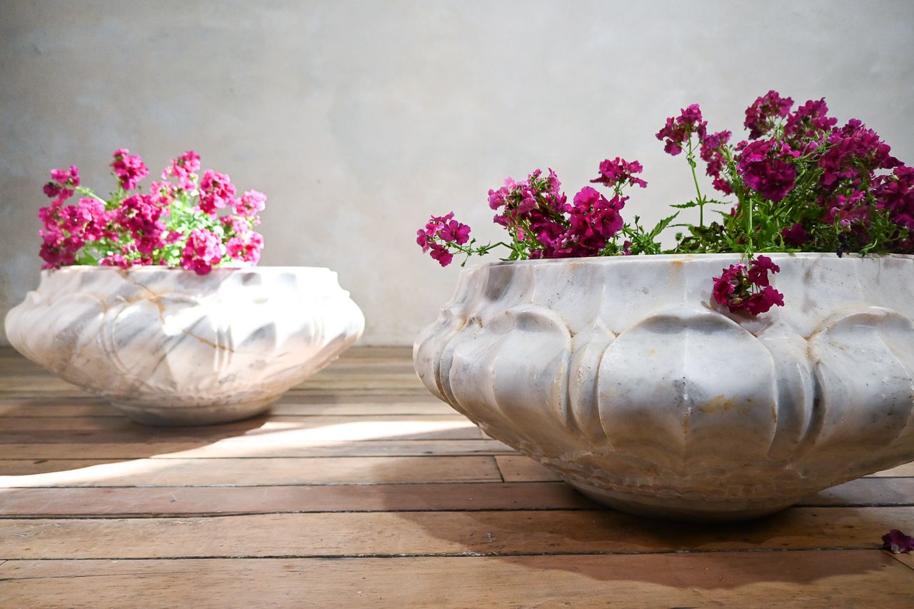 photo for sale A Pair Of Carved Lotus Form Marble Jardiniere Planters