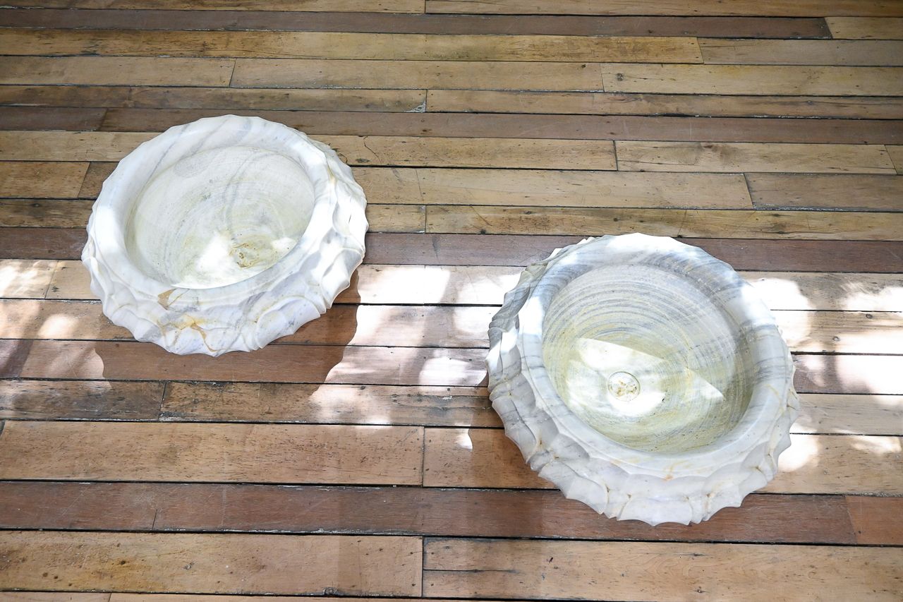 Garden Decor A Pair Of Carved Lotus Form Marble Jardiniere Planters photo