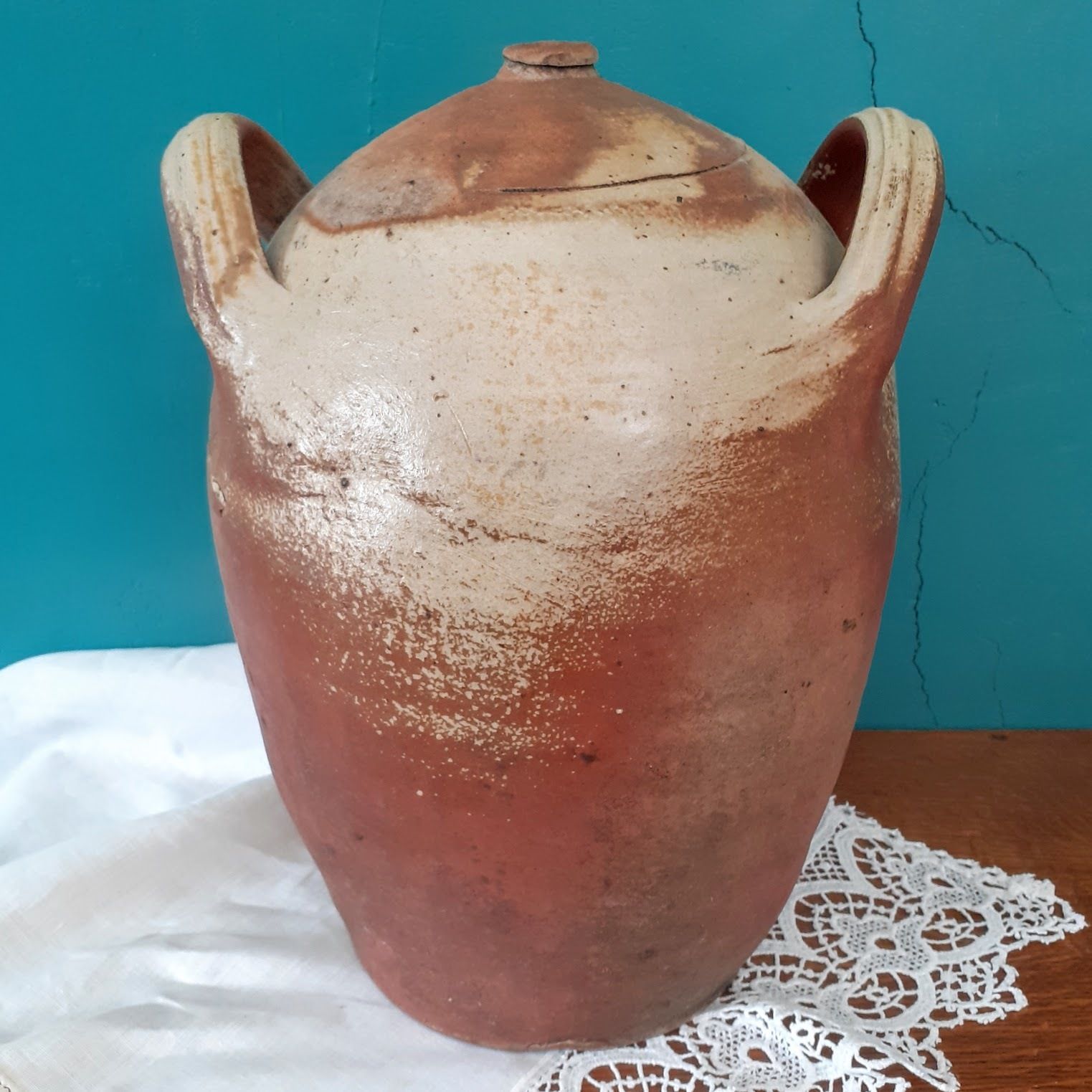 Antique French Puisaye Glazed Earthenware Wine Jug photo vinterior