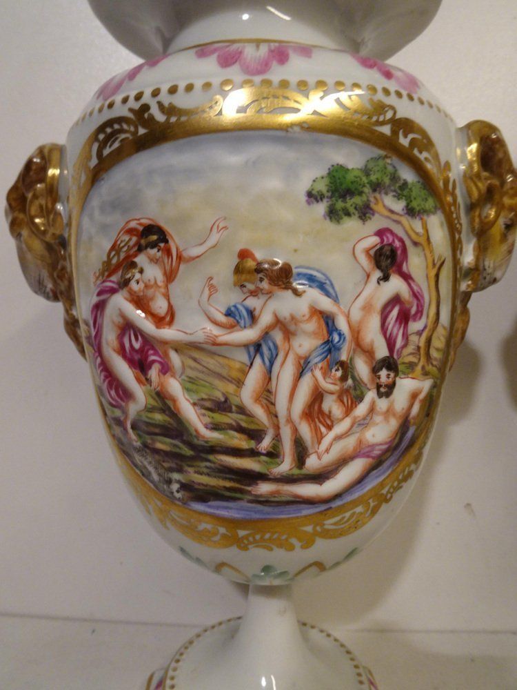Antique 19th Century Lidded Porcelain Urn Vases From Capodimonte, Italy, Set Of 2 photo furniture
