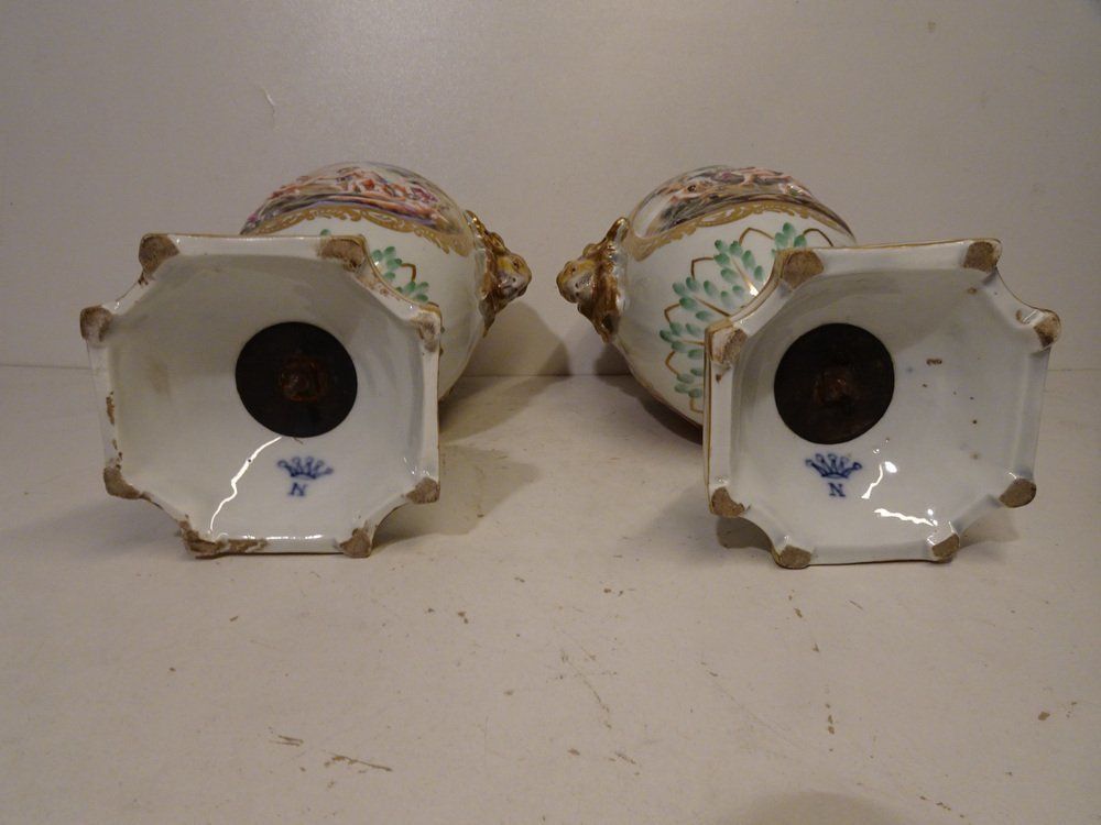 Antique 19th Century Lidded Porcelain Urn Vases From Capodimonte, Italy, Set Of 2 photo vintage