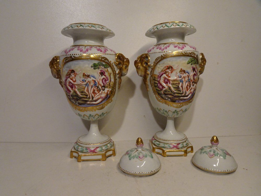 photo for sale Antique 19th Century Lidded Porcelain Urn Vases From Capodimonte, Italy, Set Of 2