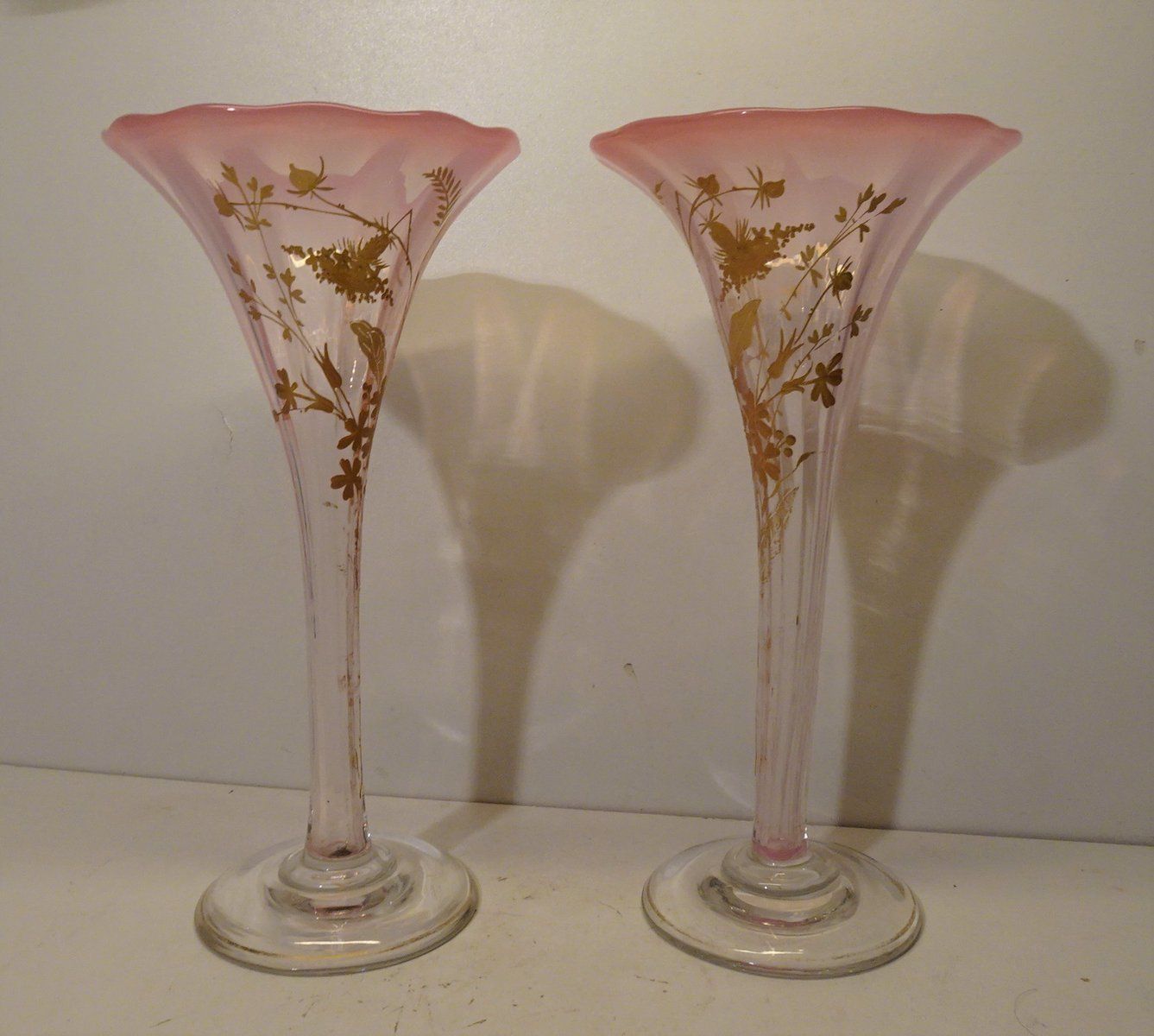 French Art Nouveau Gold Enameled Art Glass Trumpet Vases, Set Of 2