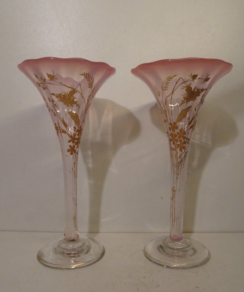 photo vinterior French Art Nouveau Gold Enameled Art Glass Trumpet Vases, Set Of 2
