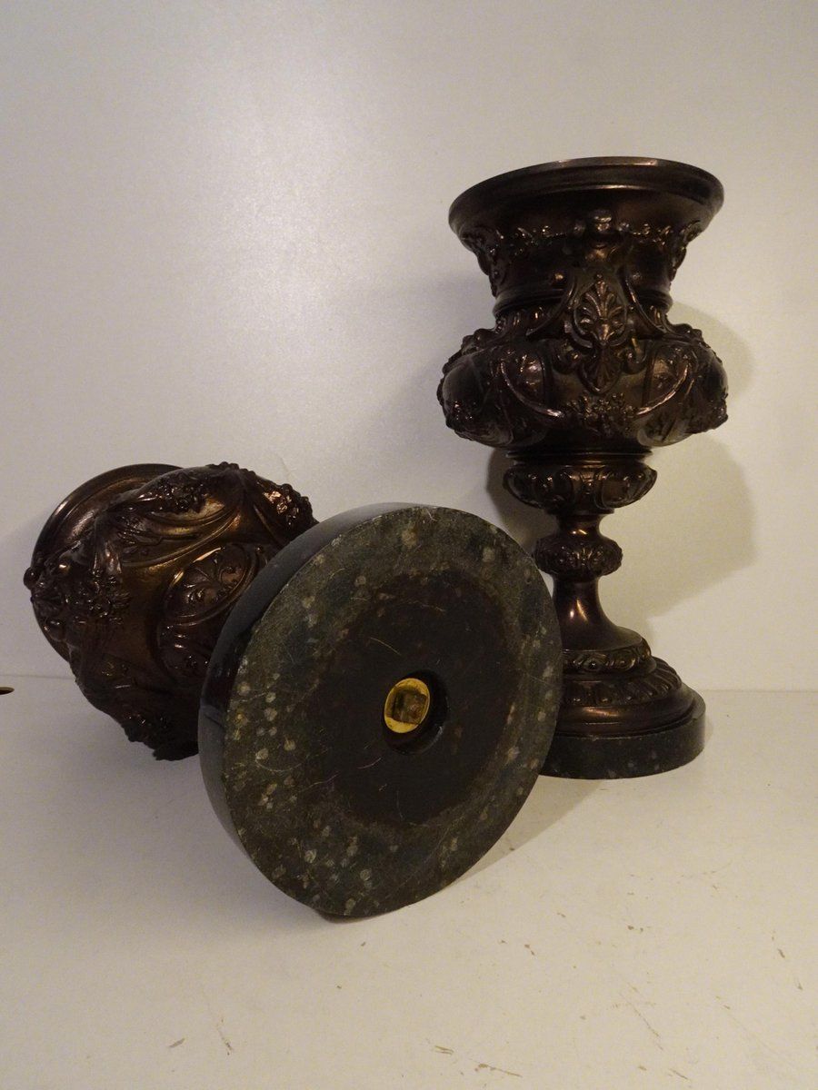 French Bronze & Patinated Cast Iron Medici Vases On Marble Bases, 19th Century, Set Of 2 photo buy
