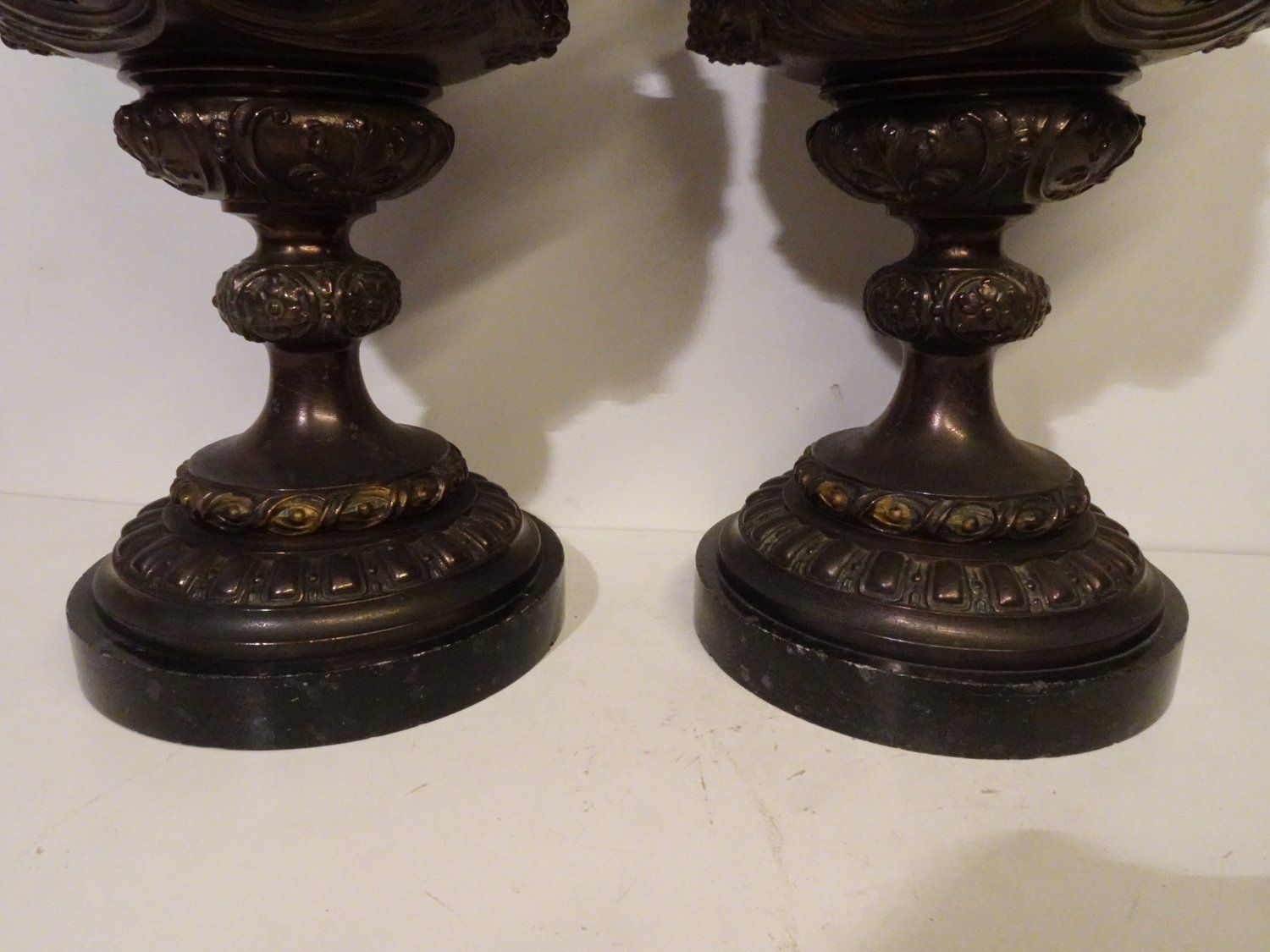 photo for sale French Bronze & Patinated Cast Iron Medici Vases On Marble Bases, 19th Century, Set Of 2