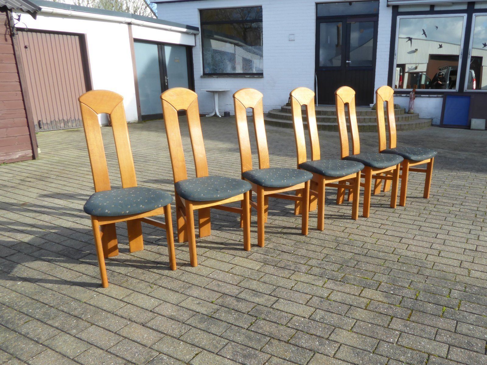 High Back Blond Oak Wooden Chairs, 1980s, Set Of 6 photo furniture