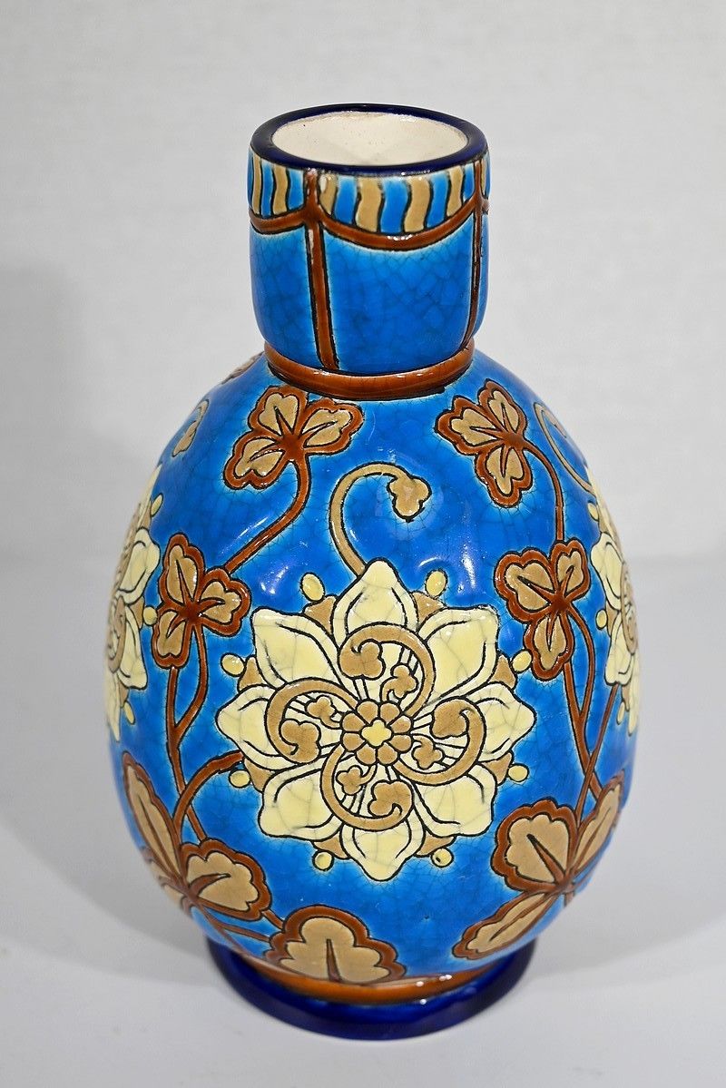 Small Vase Decorated With Flowers In Longwy Enamels   Early 20th Century